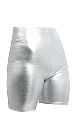 biker shorts, hoochie shorts, silver biker shorts, metallic biker shorts, unique biker shorts, metallic shorts, silver metallic shorts